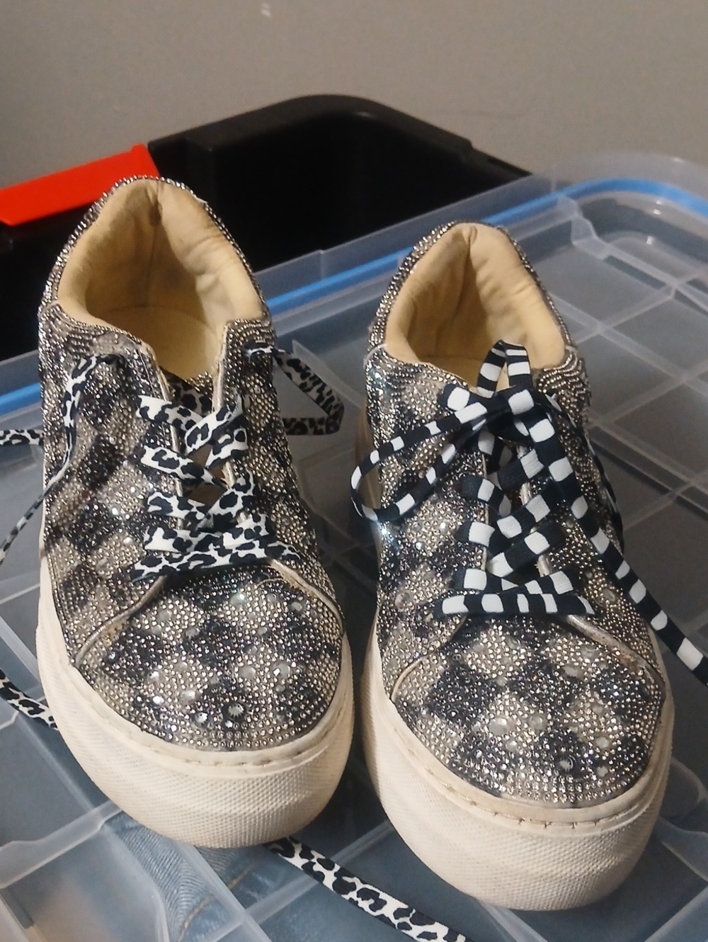 Betsey Johnson Rhinestone Leopard Platform Sneakers - Black/White